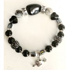 508 Bracelet LOVE sur elastique quartz tourmaline, tourmaline noire, oiel de tigre bleu, hematite